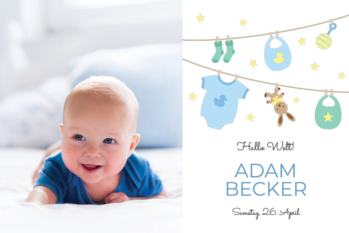 Einladungskarten — Blaue Babykleidung