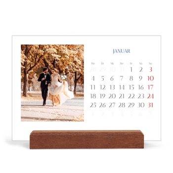 Tischkalender mit Holzfuß Querformat — Kobalt Klassik