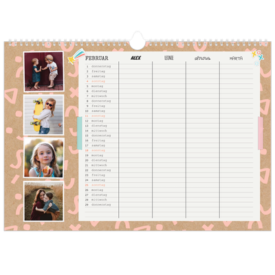 Family Planners A3 Landscape — Rustikaler Planer - 4-köpfige Familie [Februar]
