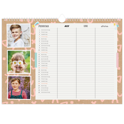 Family Planners A3 Landscape — Rustikaler Planer - 3-köpfige Familie [Februar]